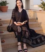 Black printed pure cotton kurta trouser dupatta set