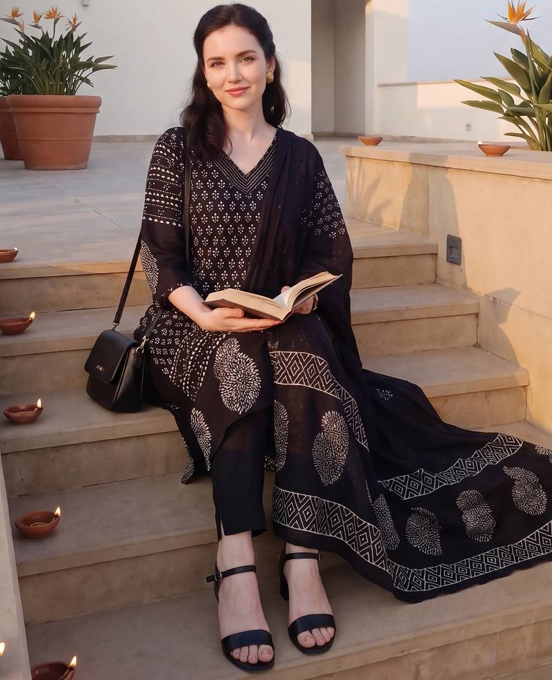 Black printed pure cotton kurta trouser dupatta set