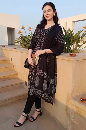 Black printed pure cotton kurta trouser dupatta set