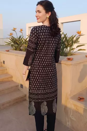 Black printed pure cotton kurta trouser dupatta set