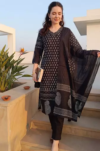 Black printed pure cotton kurta trouser dupatta set