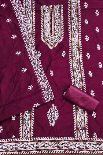 floral lucknowi embroidered cotton unstitched dress material