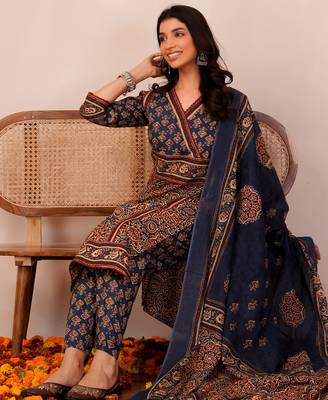 Orange printed pure cotton kurta trouser dupatta set 1
