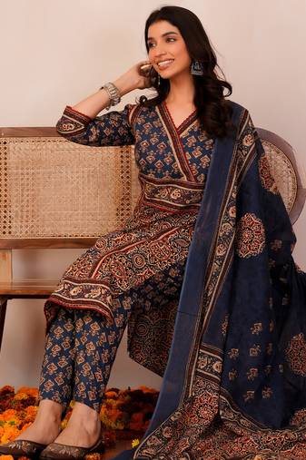Orange printed pure cotton kurta trouser dupatta set