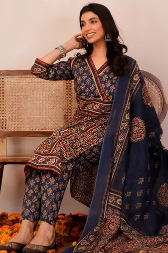 Orange printed pure cotton kurta trouser dupatta set
