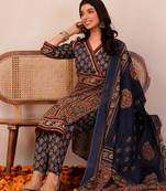 Orange printed pure cotton kurta trouser dupatta set