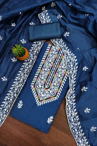 floral lucknowi embroidered cotton unstitched dress material