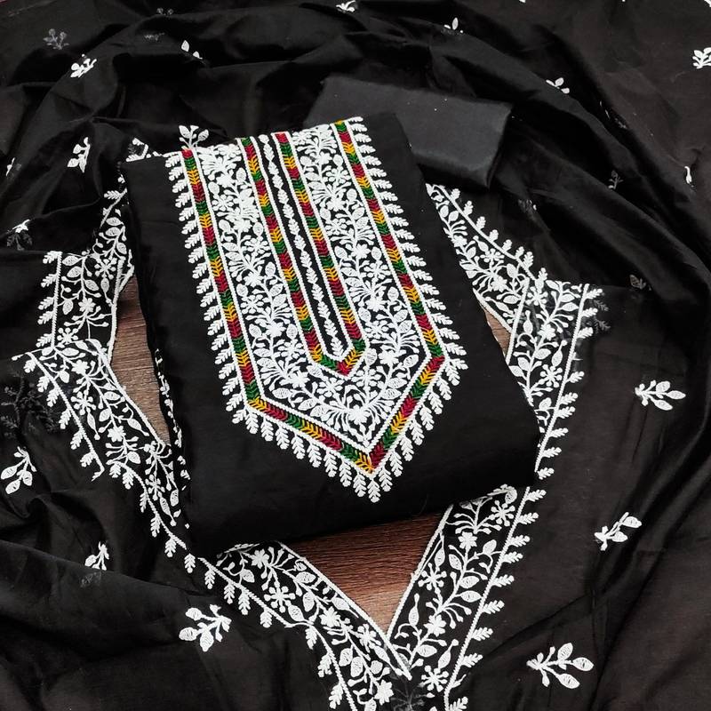 Geometric Lucknowi Embroidered Cotton Unstitched Dress Material