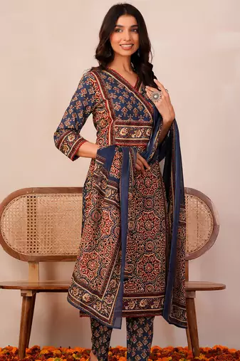 Orange printed pure cotton kurta trouser dupatta set