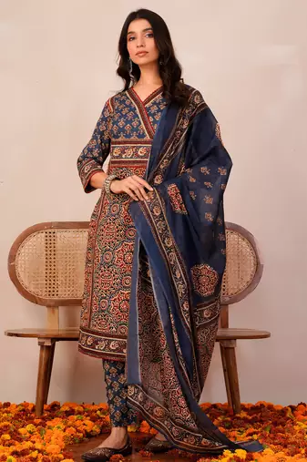 Orange printed pure cotton kurta trouser dupatta set