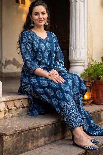 Blue printed pure cotton kurta trouser dupatta set
