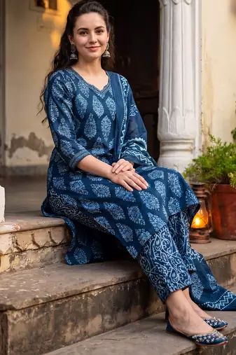 Blue printed pure cotton kurta trouser dupatta set