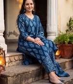 Blue printed pure cotton kurta trouser dupatta set