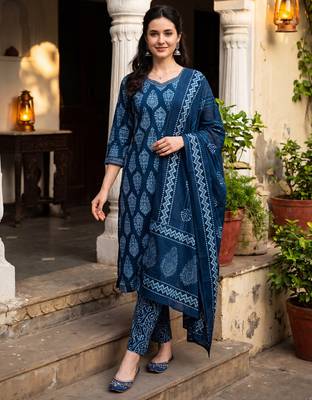 Blue printed pure cotton kurta trouser dupatta set 2