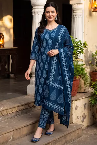 Blue printed pure cotton kurta trouser dupatta set