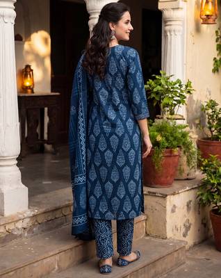 Blue printed pure cotton kurta trouser dupatta set 3