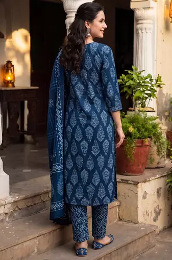 Blue printed pure cotton kurta trouser dupatta set