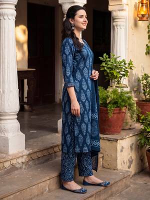 Blue printed pure cotton kurta trouser dupatta set 4