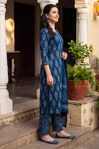 Blue printed pure cotton kurta trouser dupatta set