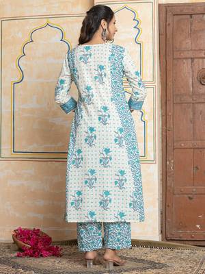 White printed pure cotton kurta trouser dupatta set 2