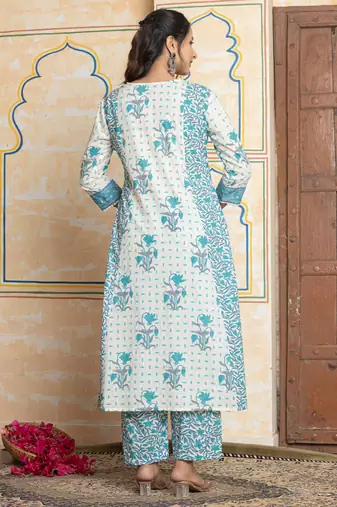 White printed pure cotton kurta trouser dupatta set