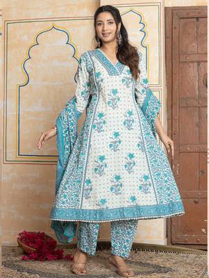 White printed pure cotton kurta trouser dupatta set 1