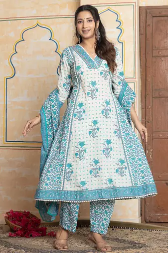 White printed pure cotton kurta trouser dupatta set