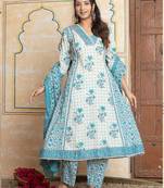 White printed pure cotton kurta trouser dupatta set