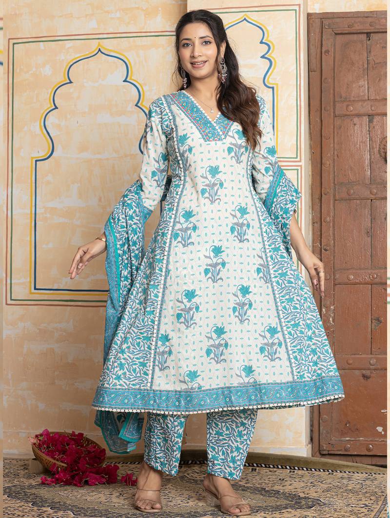 White printed pure cotton kurta trouser dupatta set