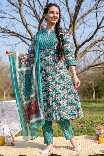 Green printed pure cotton kurta trouser dupatta set