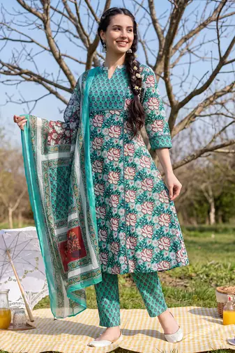 Green printed pure cotton kurta trouser dupatta set