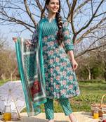 Green printed pure cotton kurta trouser dupatta set