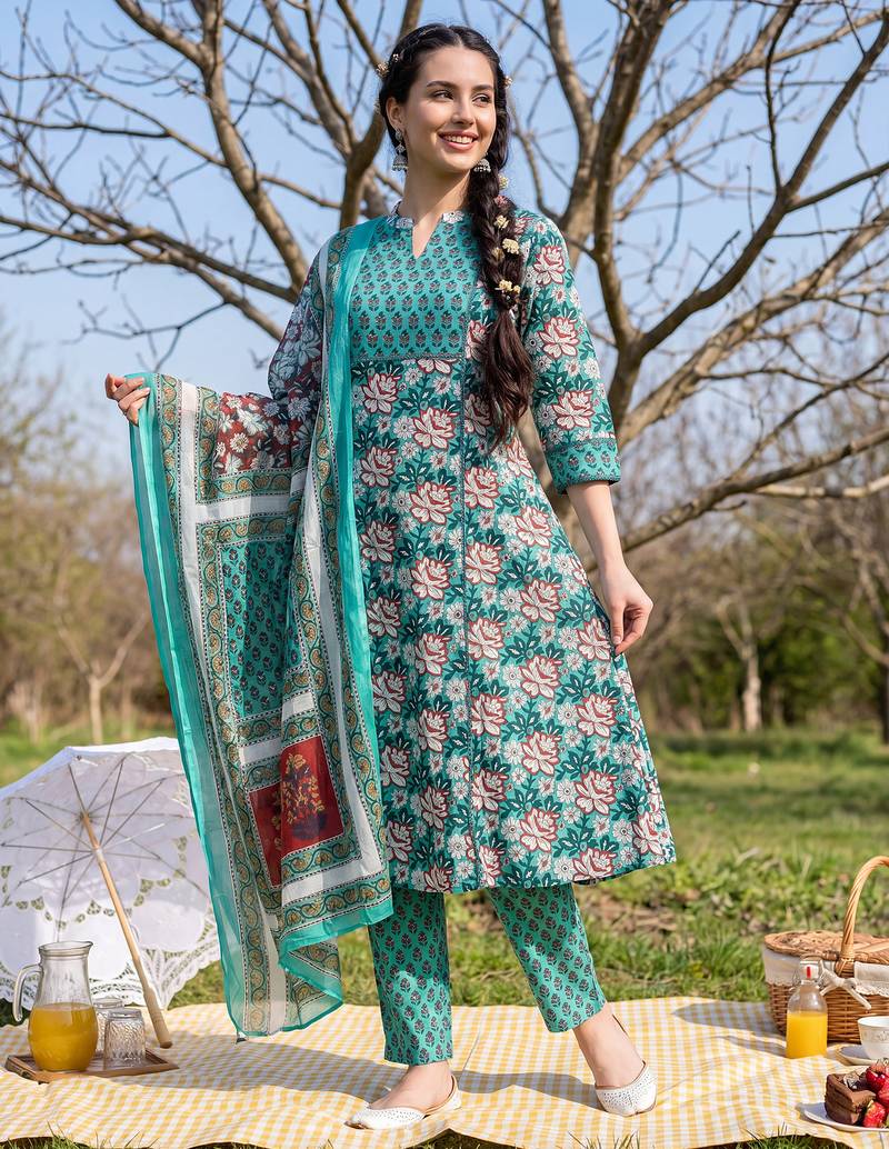 Green printed pure cotton kurta trouser dupatta set