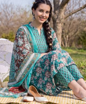 Green printed pure cotton kurta trouser dupatta set 2