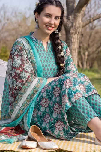 Green printed pure cotton kurta trouser dupatta set
