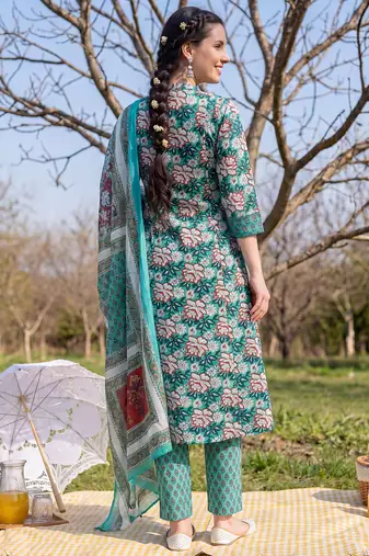 Green printed pure cotton kurta trouser dupatta set