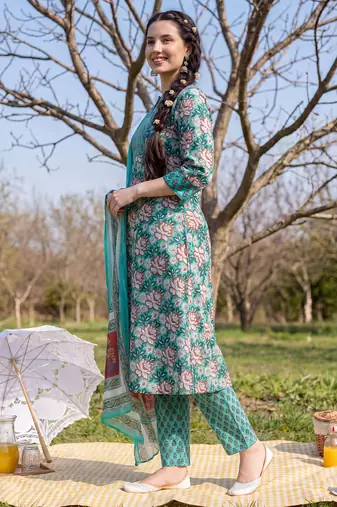 Green printed pure cotton kurta trouser dupatta set