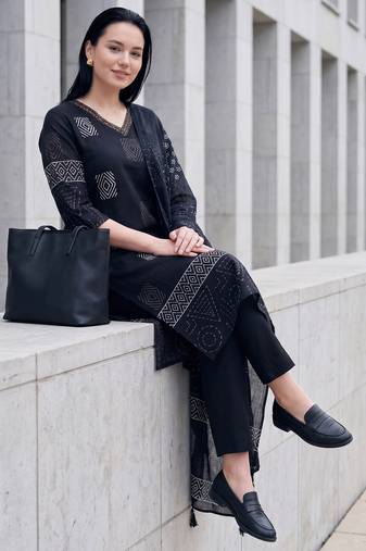Black printed pure cotton kurta trouser dupatta set
