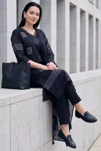 Black printed pure cotton kurta trouser dupatta set