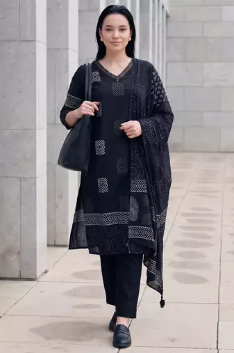 Black printed pure cotton kurta trouser dupatta set