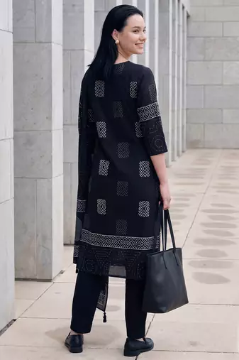 Black printed pure cotton kurta trouser dupatta set