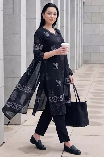 Black printed pure cotton kurta trouser dupatta set
