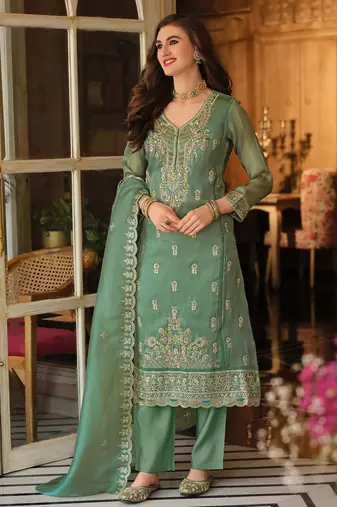 Green embroidered organza kurta trouser dupatta set