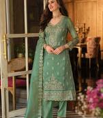 Green embroidered organza kurta trouser dupatta set