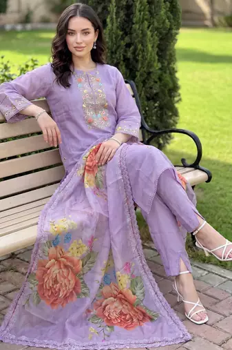 Lavender embroidered silk blend kurta trouser dupatta set