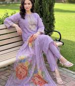 Lavender embroidered silk blend kurta trouser dupatta set