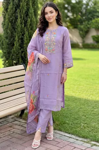 Lavender embroidered silk blend kurta trouser dupatta set