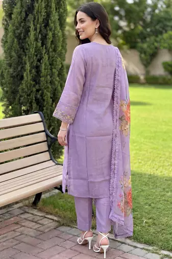 Lavender embroidered silk blend kurta trouser dupatta set
