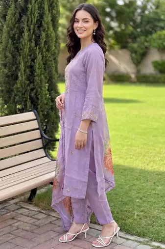 Lavender embroidered silk blend kurta trouser dupatta set