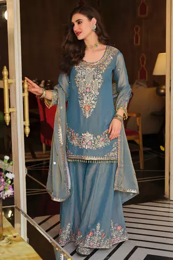 Blue embroidered silk blend kurta trouser dupatta set